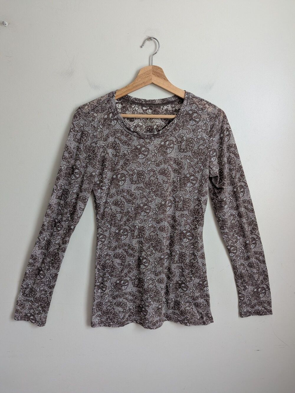Y2K Long Sleeve Tee Sheer Burnout Top M Soft Forest Fairy Brown Festival Grunge